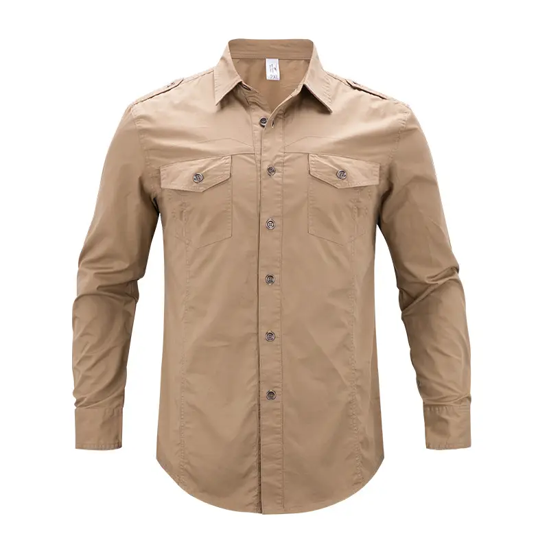 Men's Long Sleeve Shirt Tan Cotton Large Size Slim Fit - Image 3