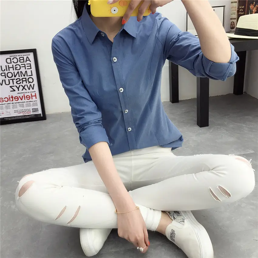 Women Blue Slim Fit Long Sleeve Shirt with White Pants - Image 2