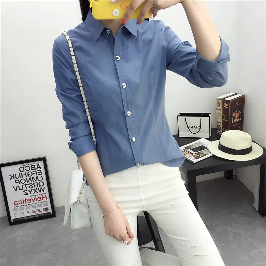 Women Blue Slim Fit Long Sleeve Shirt with White Pants - Image 3