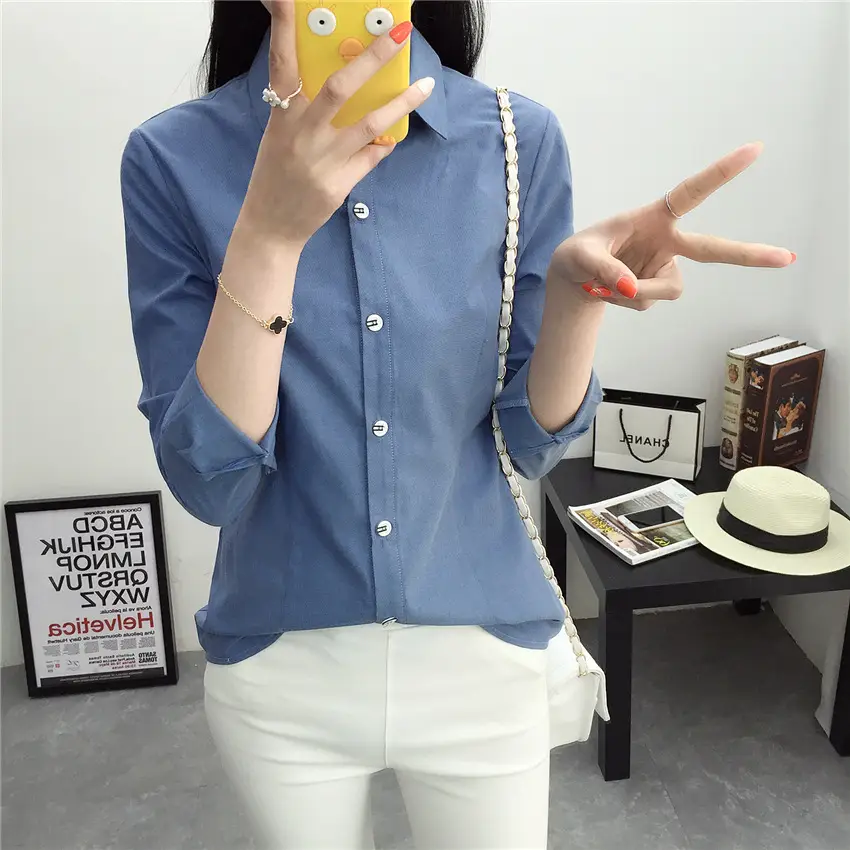 Women Blue Slim Fit Long Sleeve Shirt with White Pants - Image 4