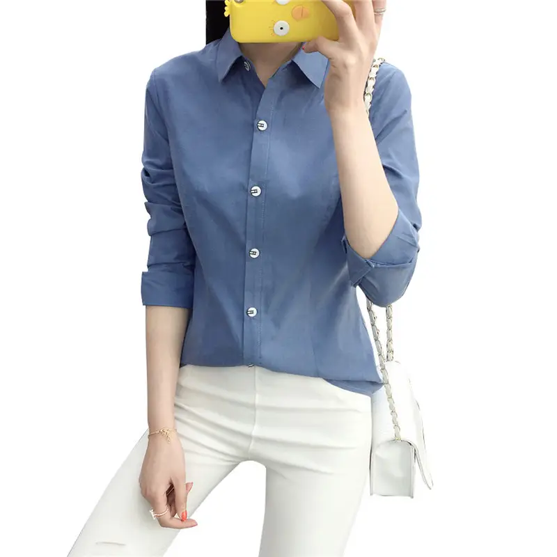 Women Blue Slim Fit Long Sleeve Shirt with White Pants - Image 5