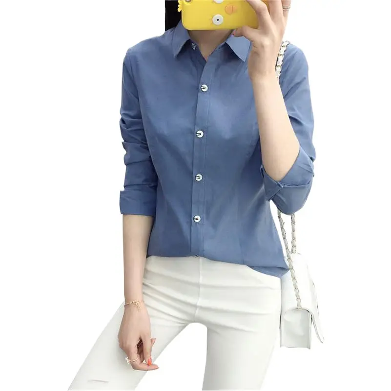 Women Blue Slim Fit Long Sleeve Shirt with White Pants