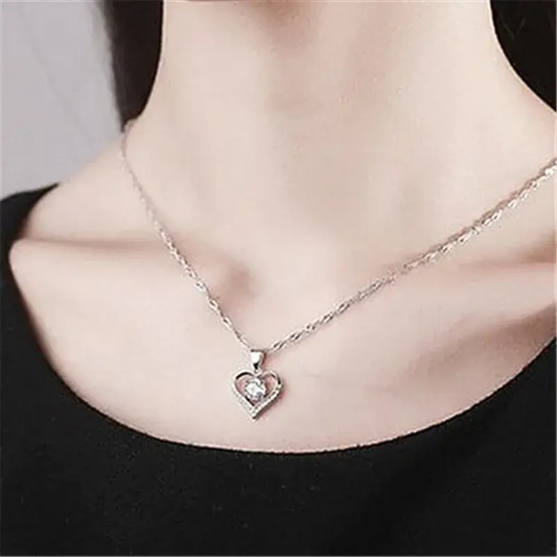 Silver Heart Diamond Pendant Necklace for Women