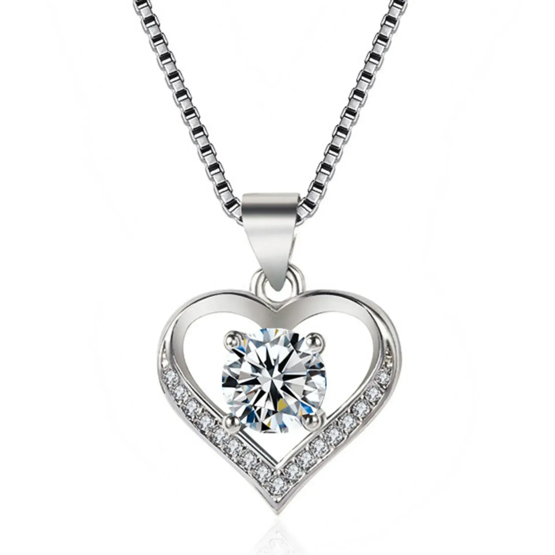 Silver Heart Diamond Pendant Necklace for Women