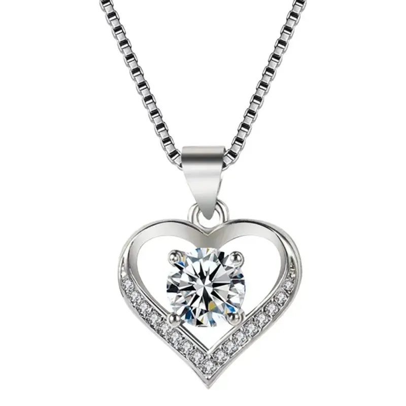 Silver Heart Diamond Pendant Necklace for Women