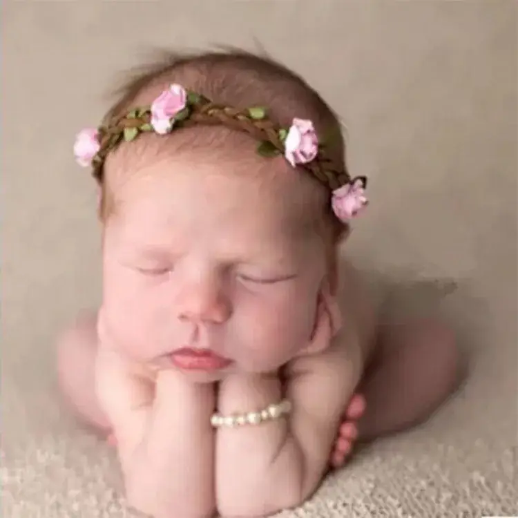 Newborn Photo Hair Band with Pink Roses and Green Leaves