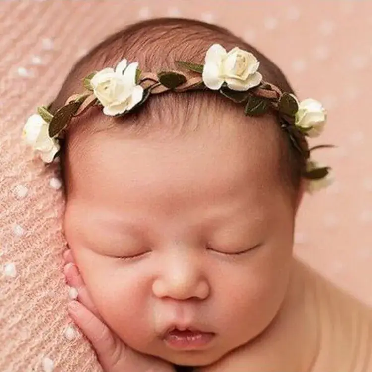 Newborn Photo Hair Band with Pink Roses and Green Leaves