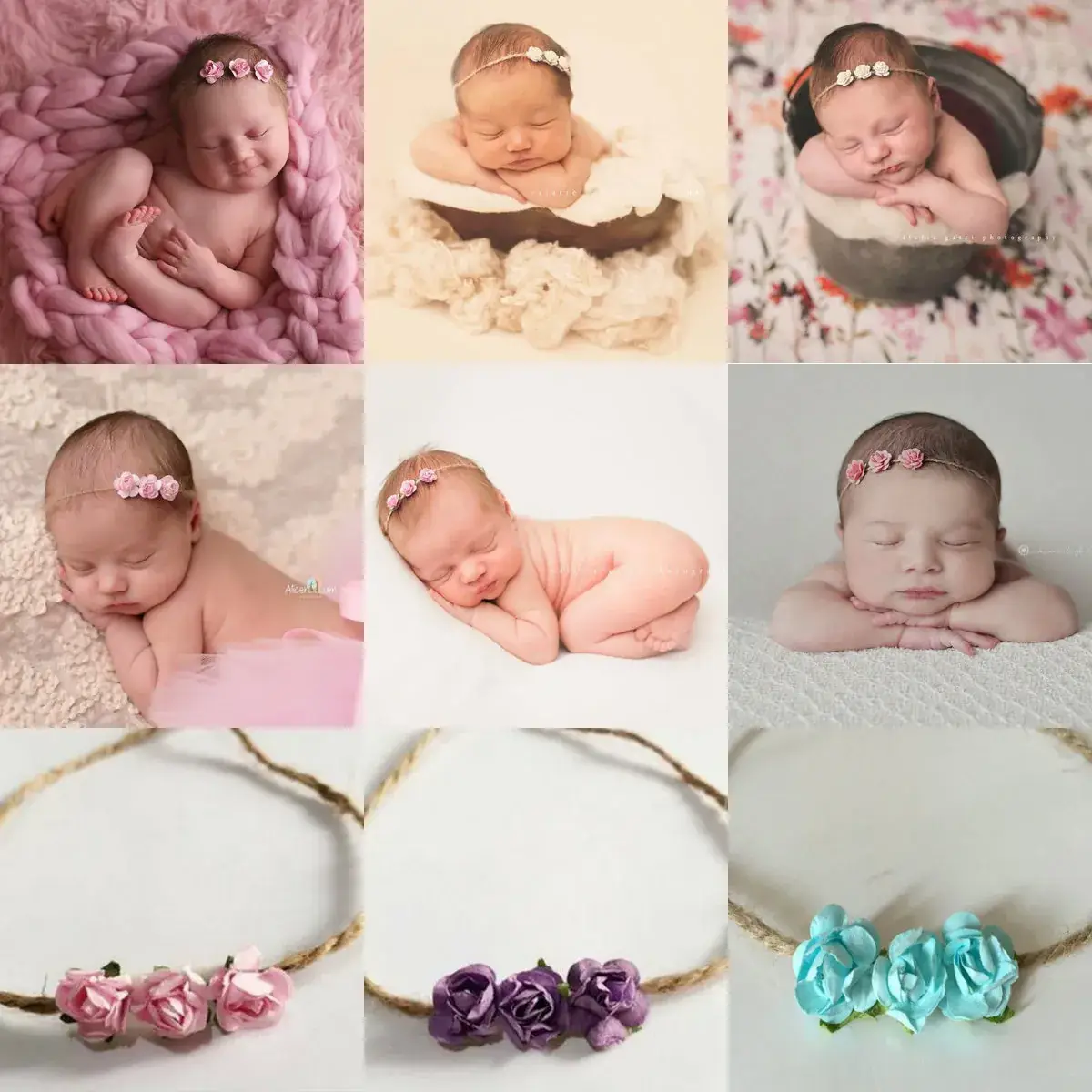 Newborn Photo Hair Band with Pink Roses and Green Leaves