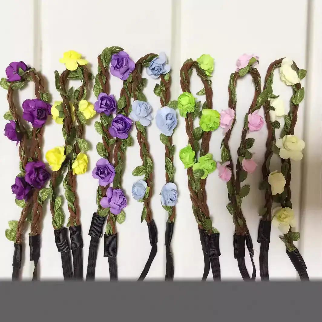 Newborn Photo Hair Band with Pink Roses and Green Leaves