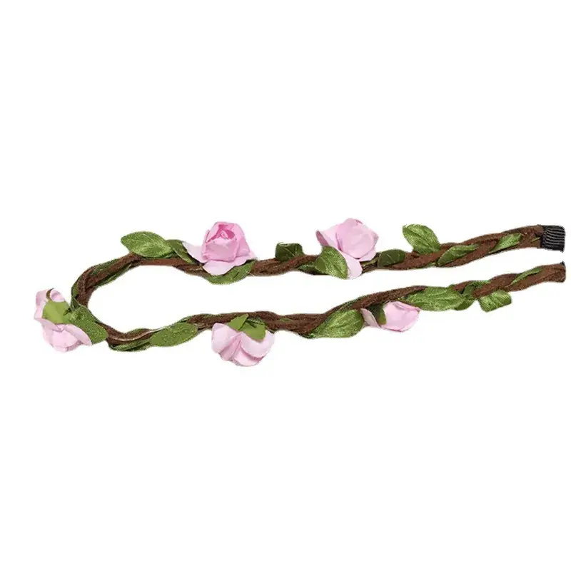 Newborn Photo Hair Band with Pink Roses and Green Leaves