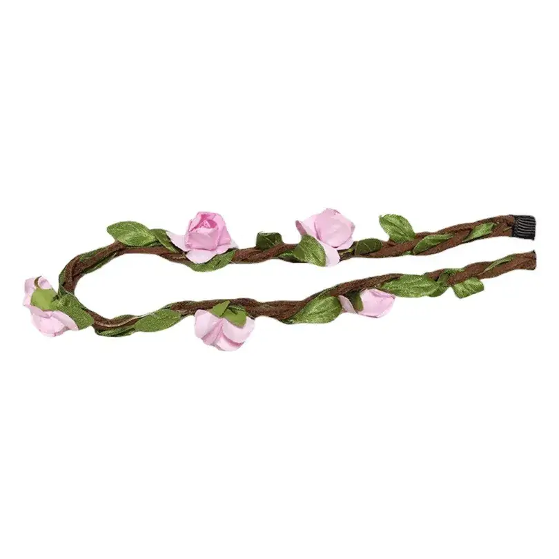 Newborn Photo Hair Band with Pink Roses and Green Leaves
