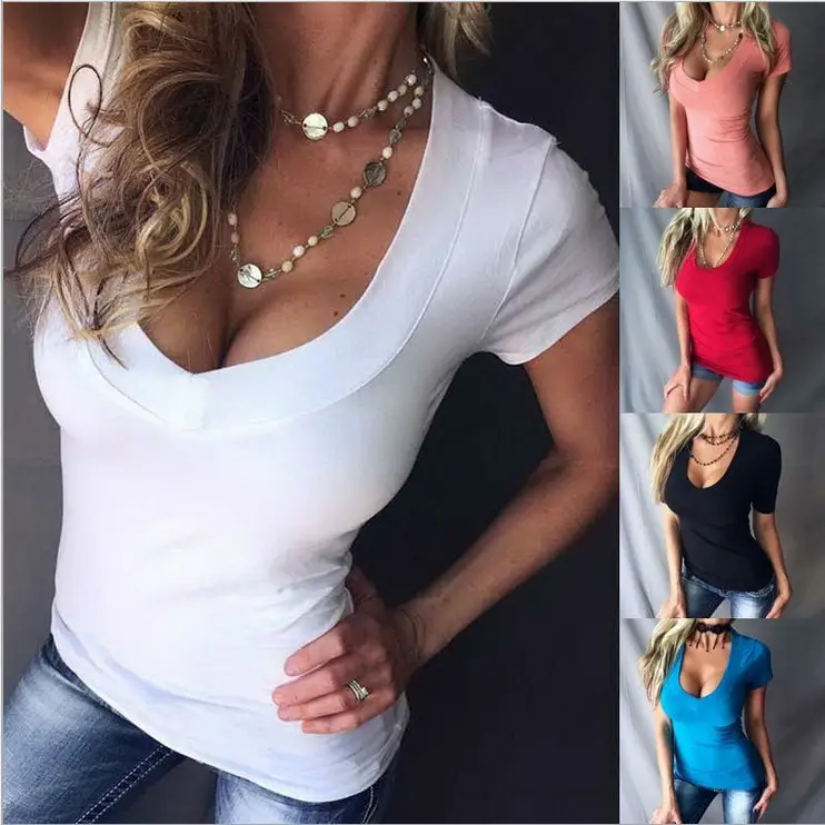 Women 2025 V-Neck Short Sleeve T-Shirt Blue
