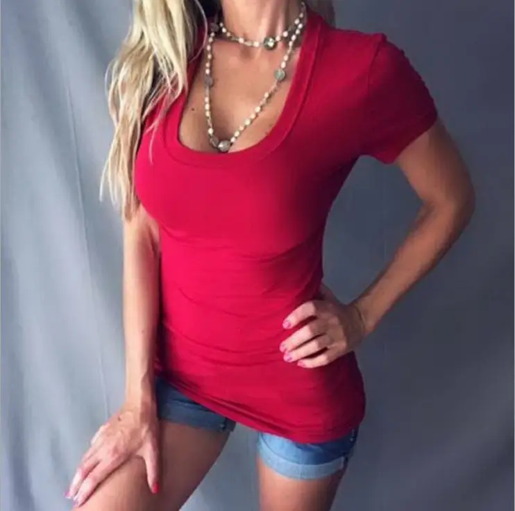 Women 2025 V-Neck Short Sleeve T-Shirt Blue - Image 7