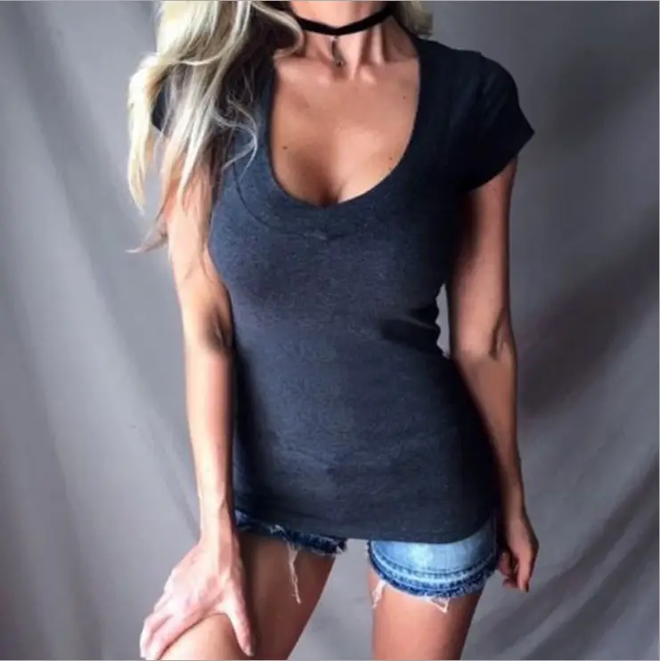 Women 2025 V-Neck Short Sleeve T-Shirt Blue - Image 2