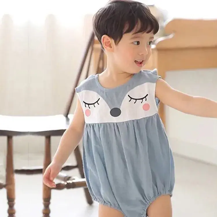 Baby Cotton Fox Face Romper Light Blue