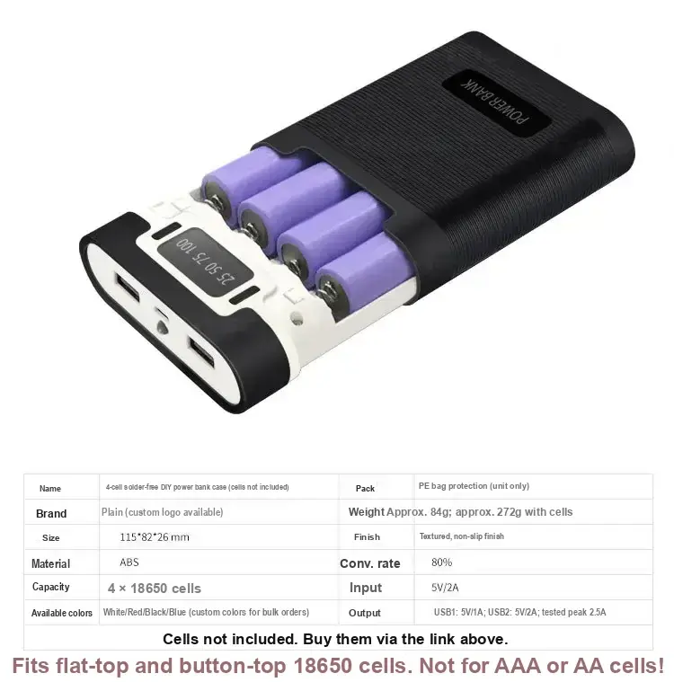 Open case with four purple cells and product specification table.