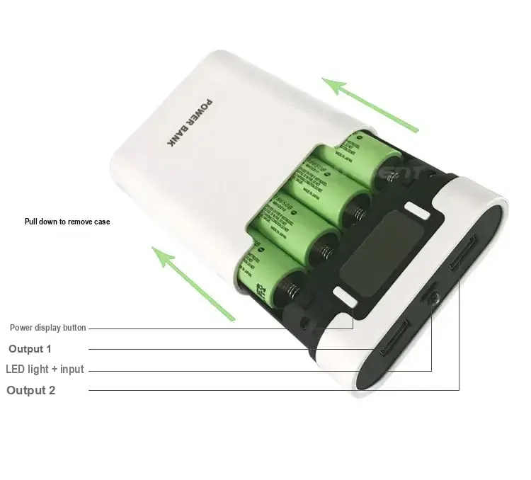 White sliding cover removed to show the cell bays, display, indicator, and ports.