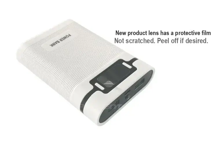 White ribbed power bank case with display and ports.