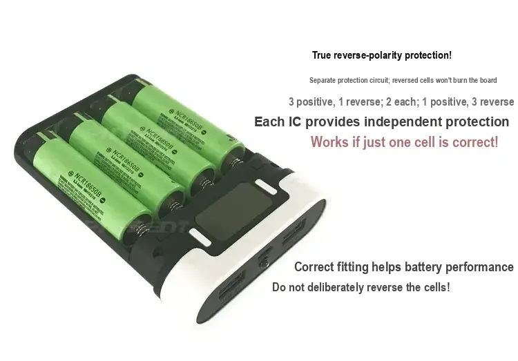 Green cells installed in the case alongside polarity and protection diagrams.