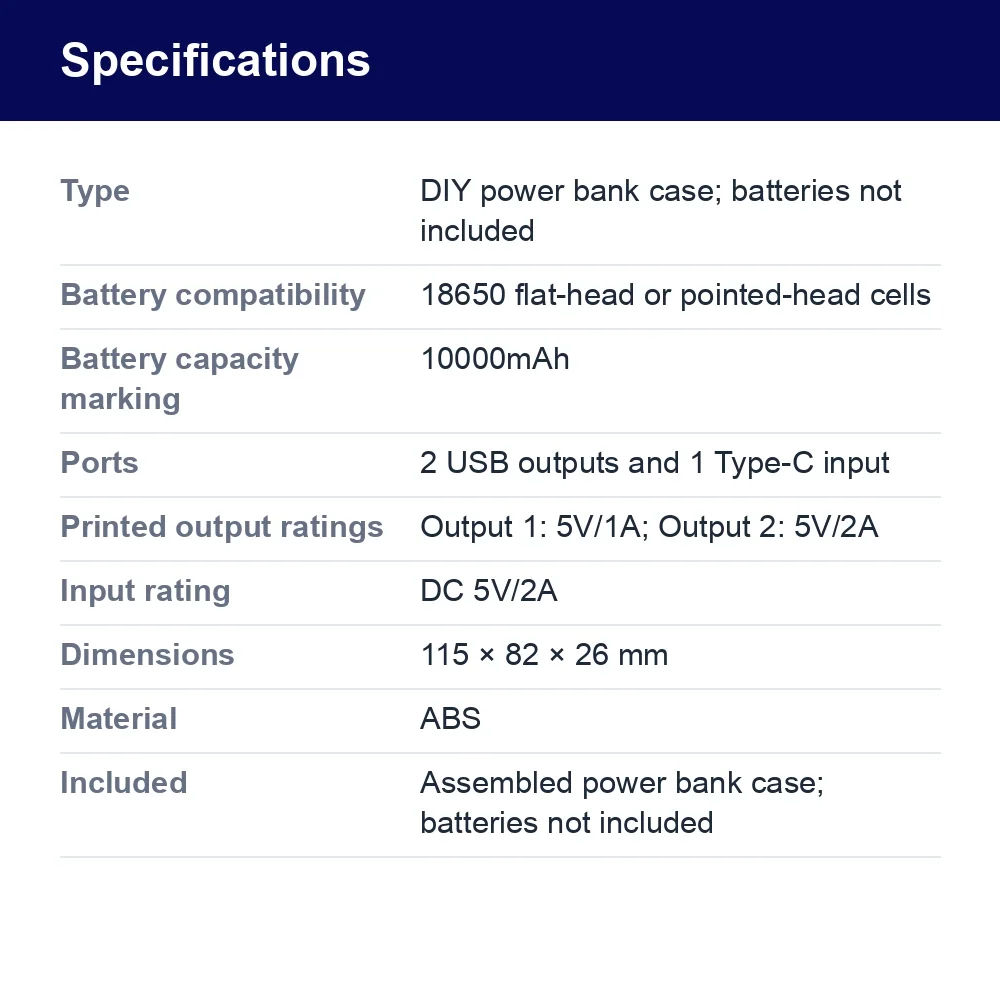 18650 Battery Power Bank Case, 10000mAh Marking – specifications