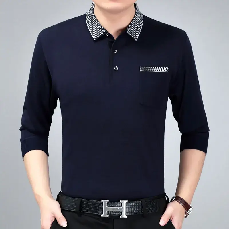 Men Navy Blue Knitted Lapel T-Shirt Solid Color - Image 5