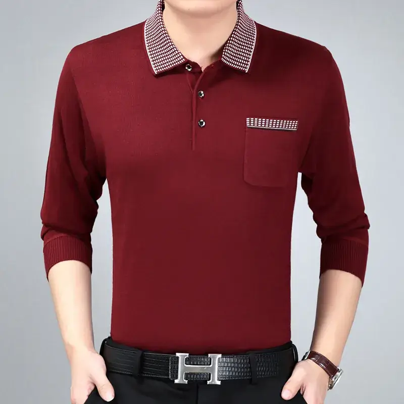 Men Navy Blue Knitted Lapel T-Shirt Solid Color - Image 6