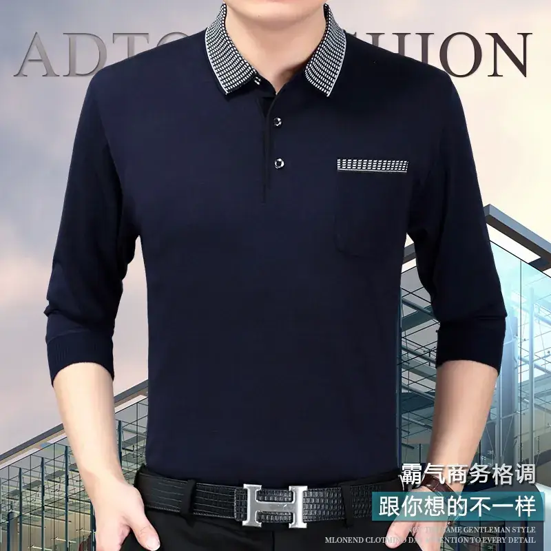 Men Navy Blue Knitted Lapel T-Shirt Solid Color - Image 7