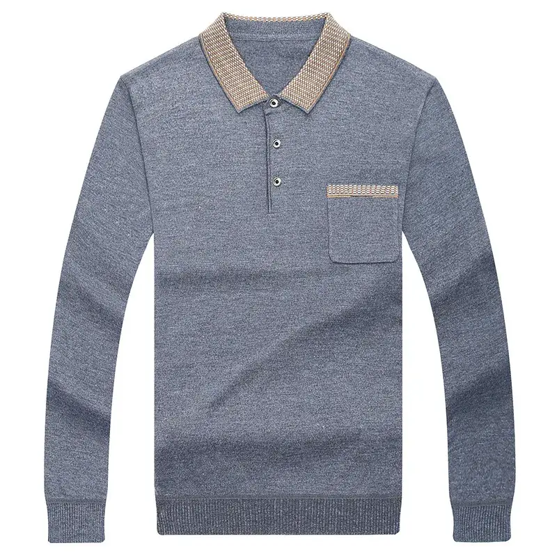 Men Navy Blue Knitted Lapel T-Shirt Solid Color - Image 8