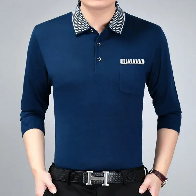 Men Navy Blue Knitted Lapel T-Shirt Solid Color - Image 3