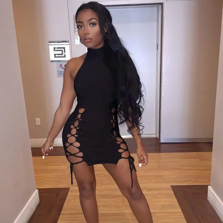 Black Lace-Up Tie-Up Hip Dress for Women