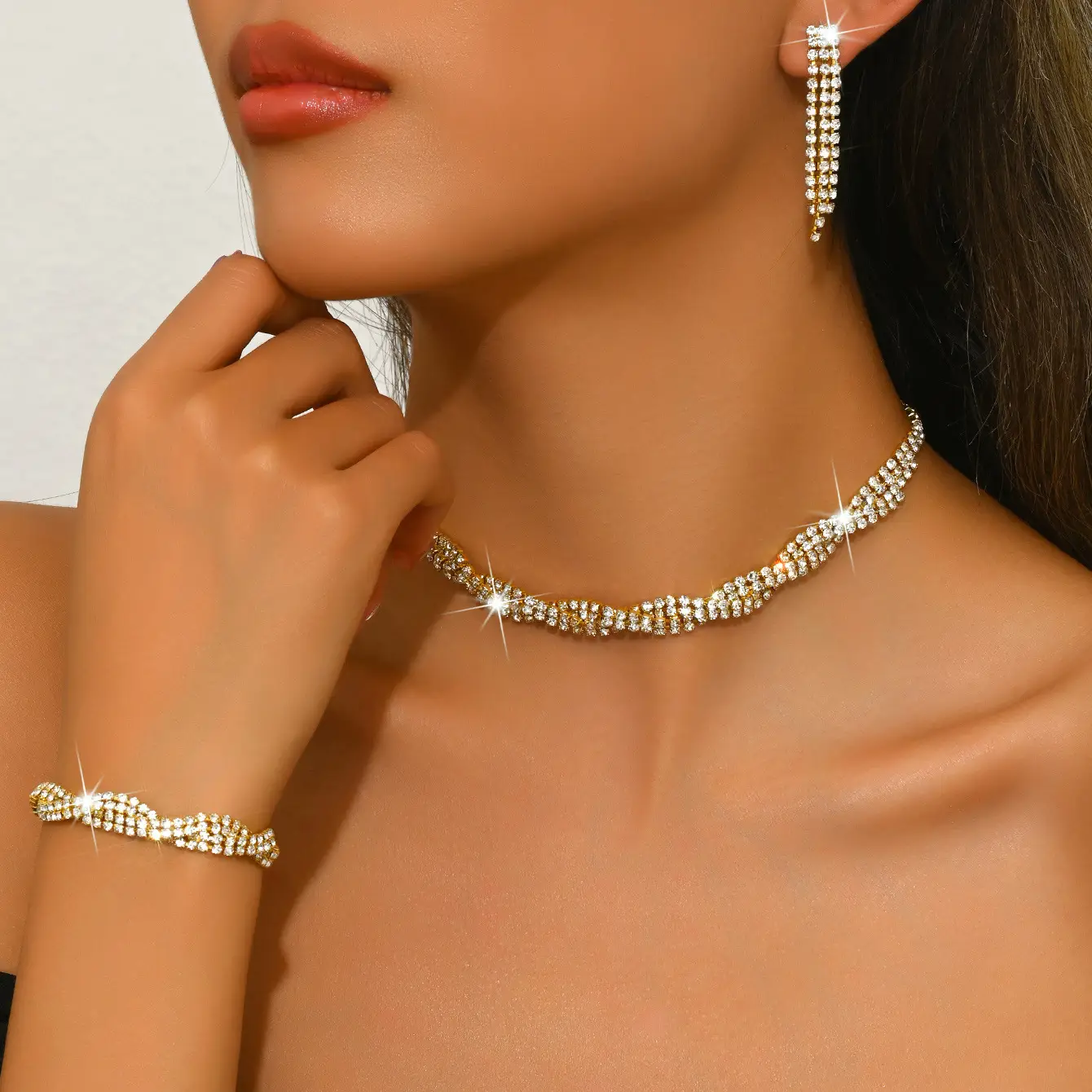 European & American Wedding Jewelry Set with Water Diamond Necklace & Earrings - Image 11