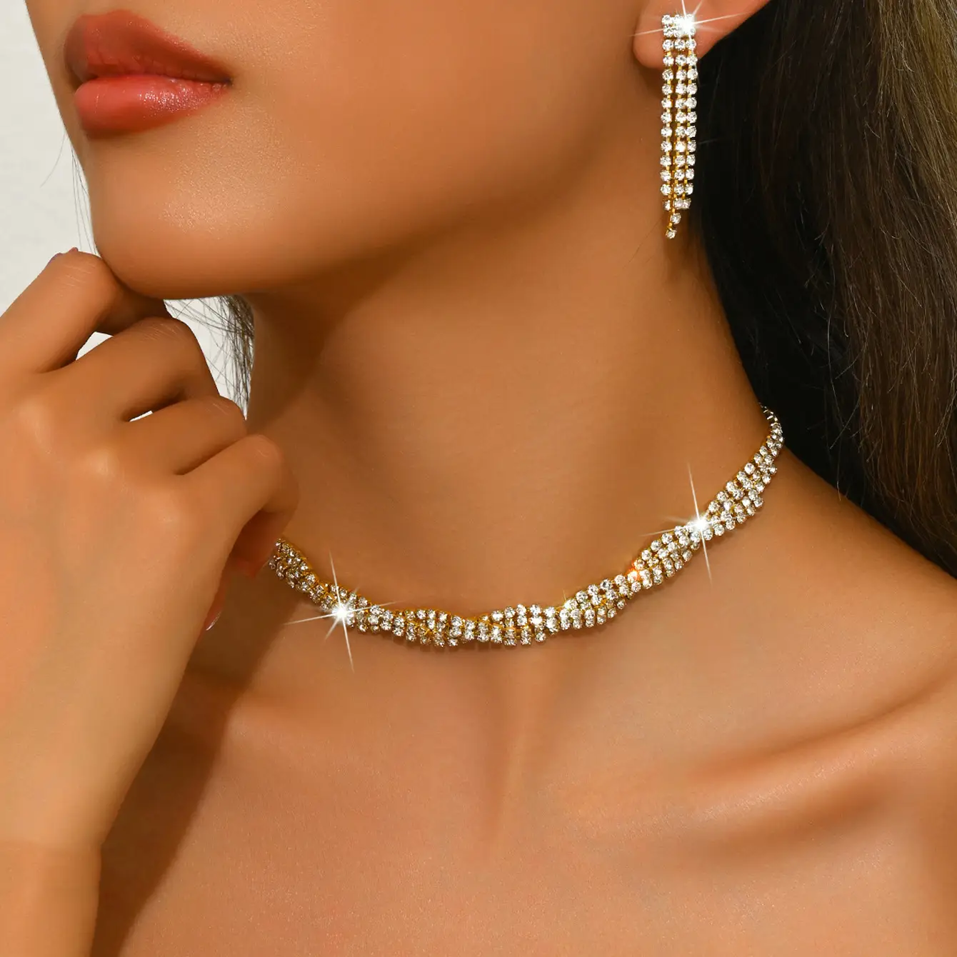 European & American Wedding Jewelry Set with Water Diamond Necklace & Earrings - Image 3