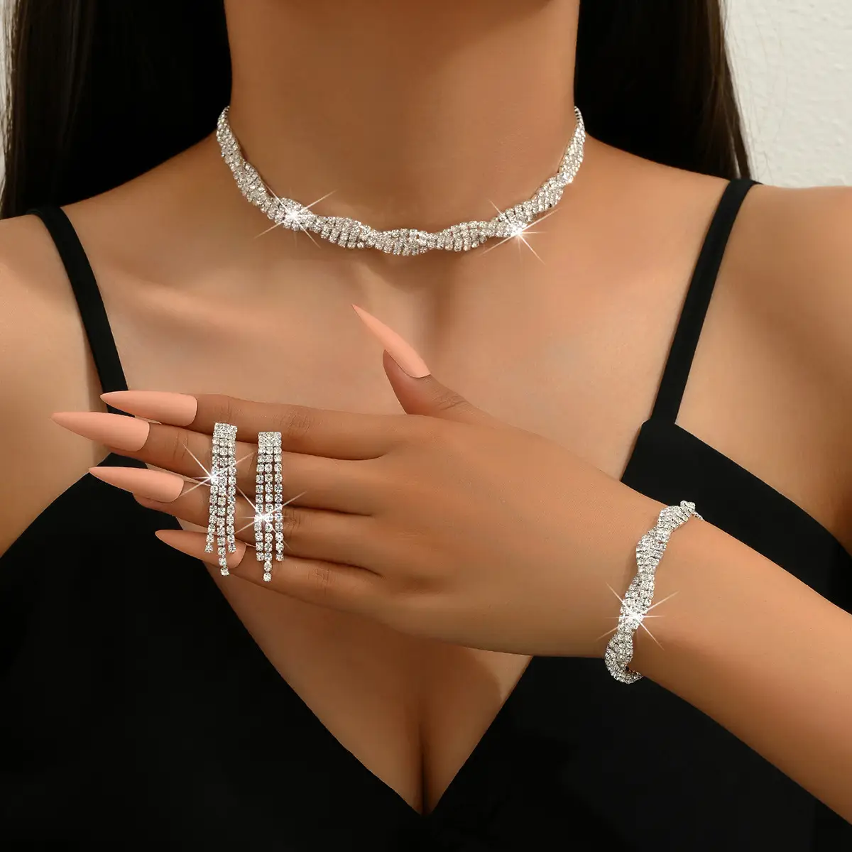 European & American Wedding Jewelry Set with Water Diamond Necklace & Earrings - Image 5