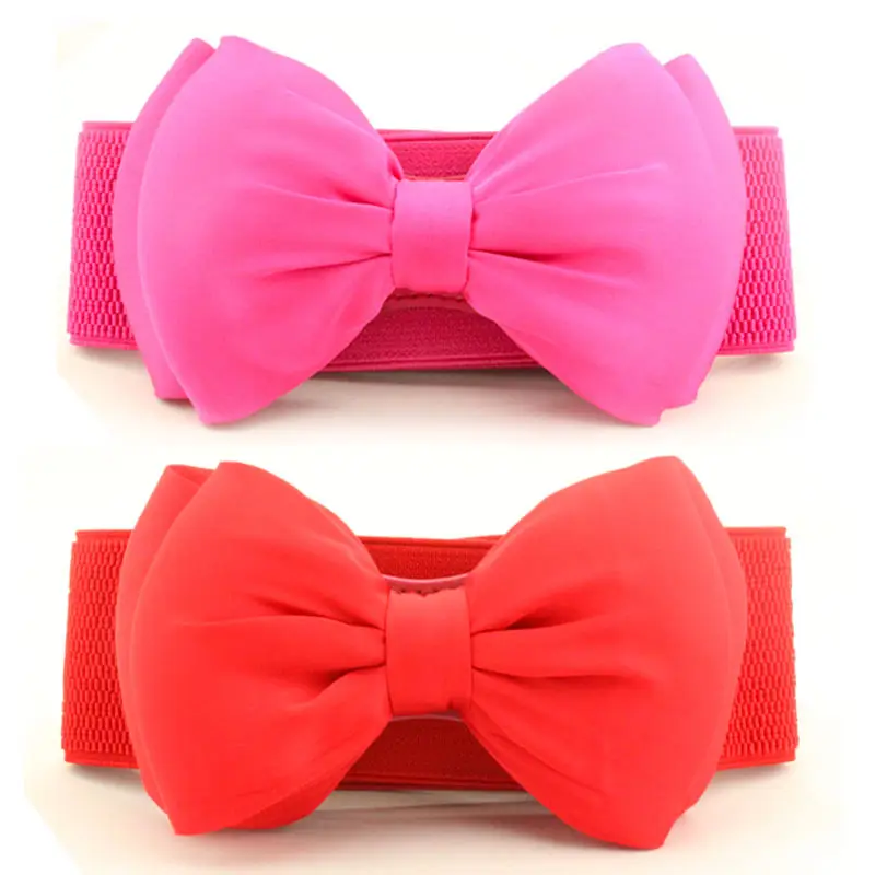 Women's White Chiffon Bow Waist Dress with Pink Belt