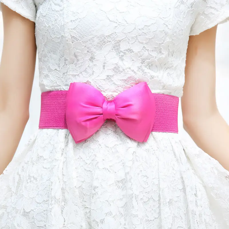 Women's White Chiffon Bow Waist Dress with Pink Belt