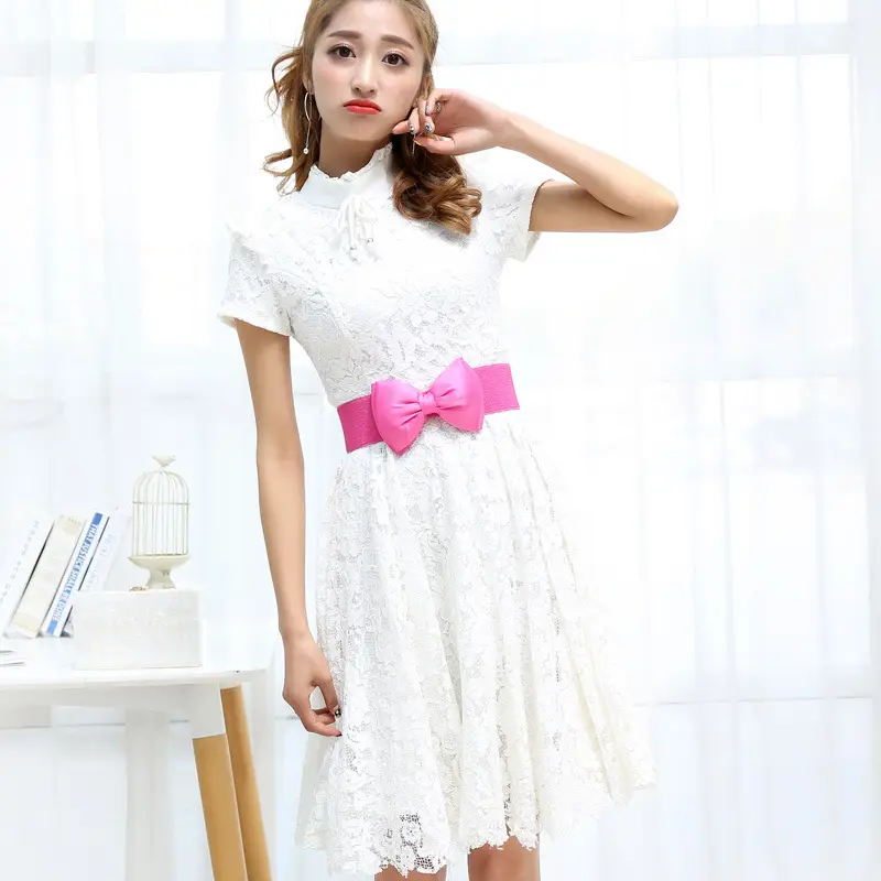 Women's White Chiffon Bow Waist Dress with Pink Belt