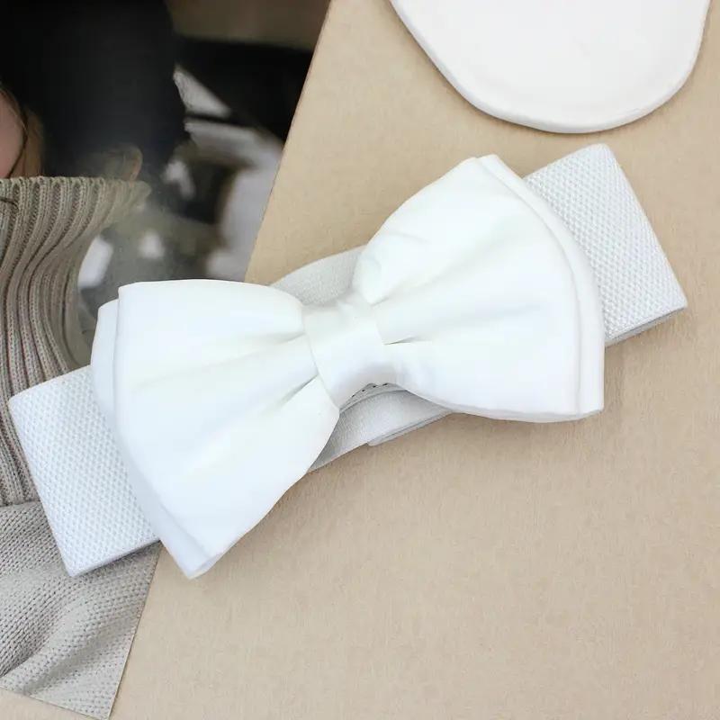 Women's White Chiffon Bow Waist Dress with Pink Belt