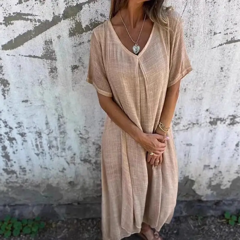 Pink Cross-Border Dress Mid-Length Cotton Linen Round Neck - Image 8