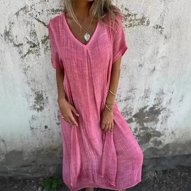 Pink Cross-Border Dress Mid-Length Cotton Linen Round Neck - Image 9