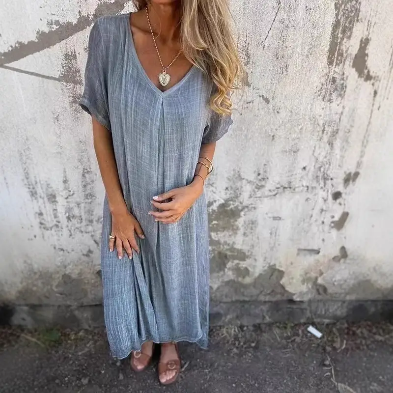 Pink Cross-Border Dress Mid-Length Cotton Linen Round Neck - Image 10