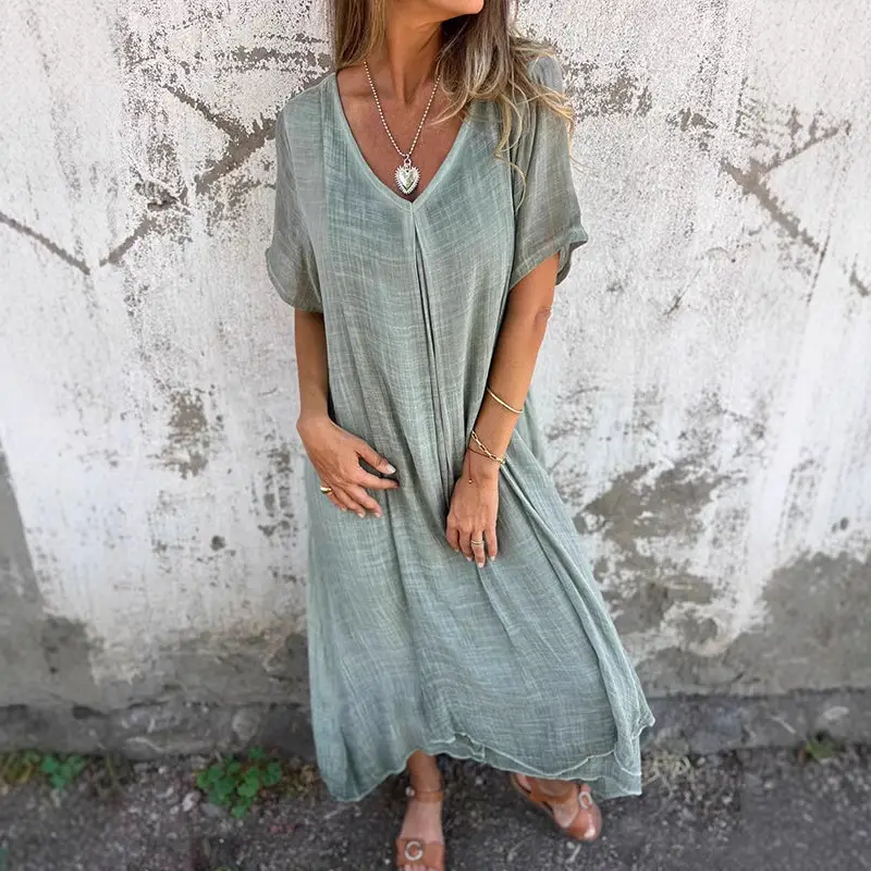 Pink Cross-Border Dress Mid-Length Cotton Linen Round Neck - Image 11