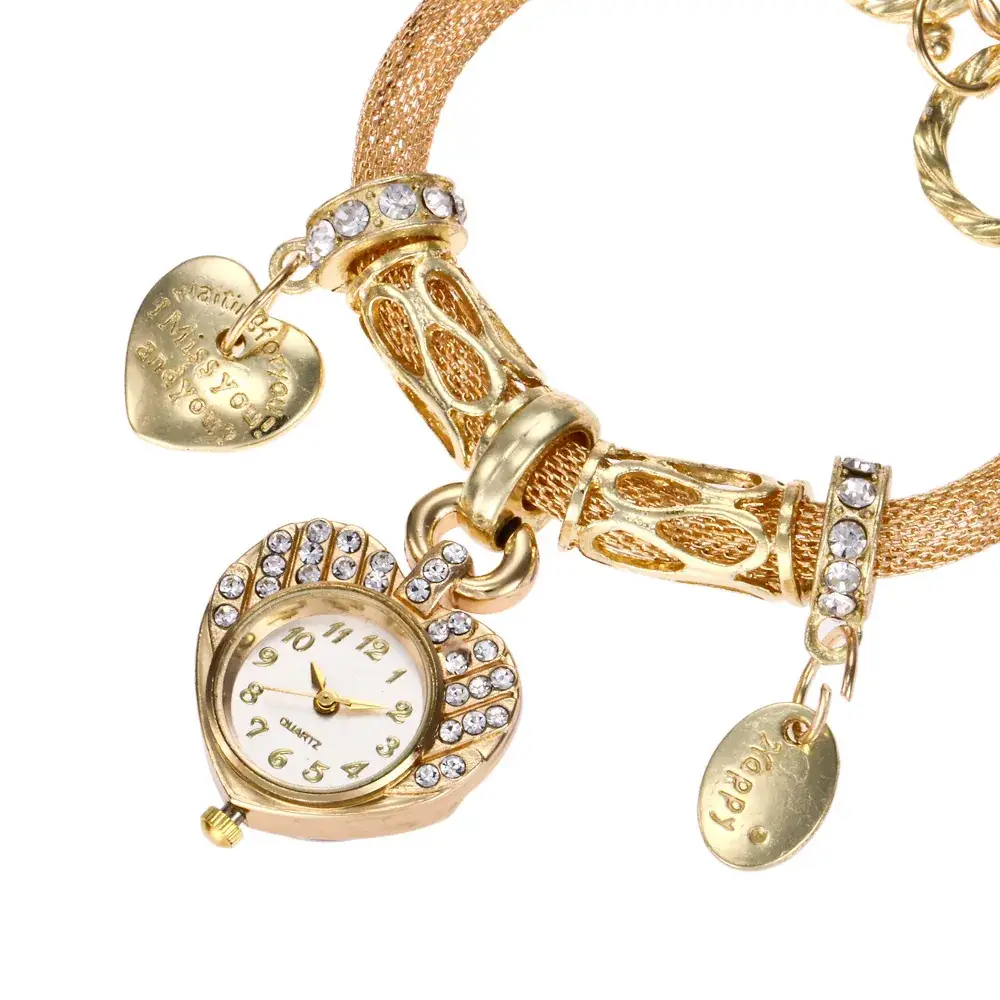 Women's Diamond-Embedded Steel Bracelet Watch with Heart Charm - Image 3
