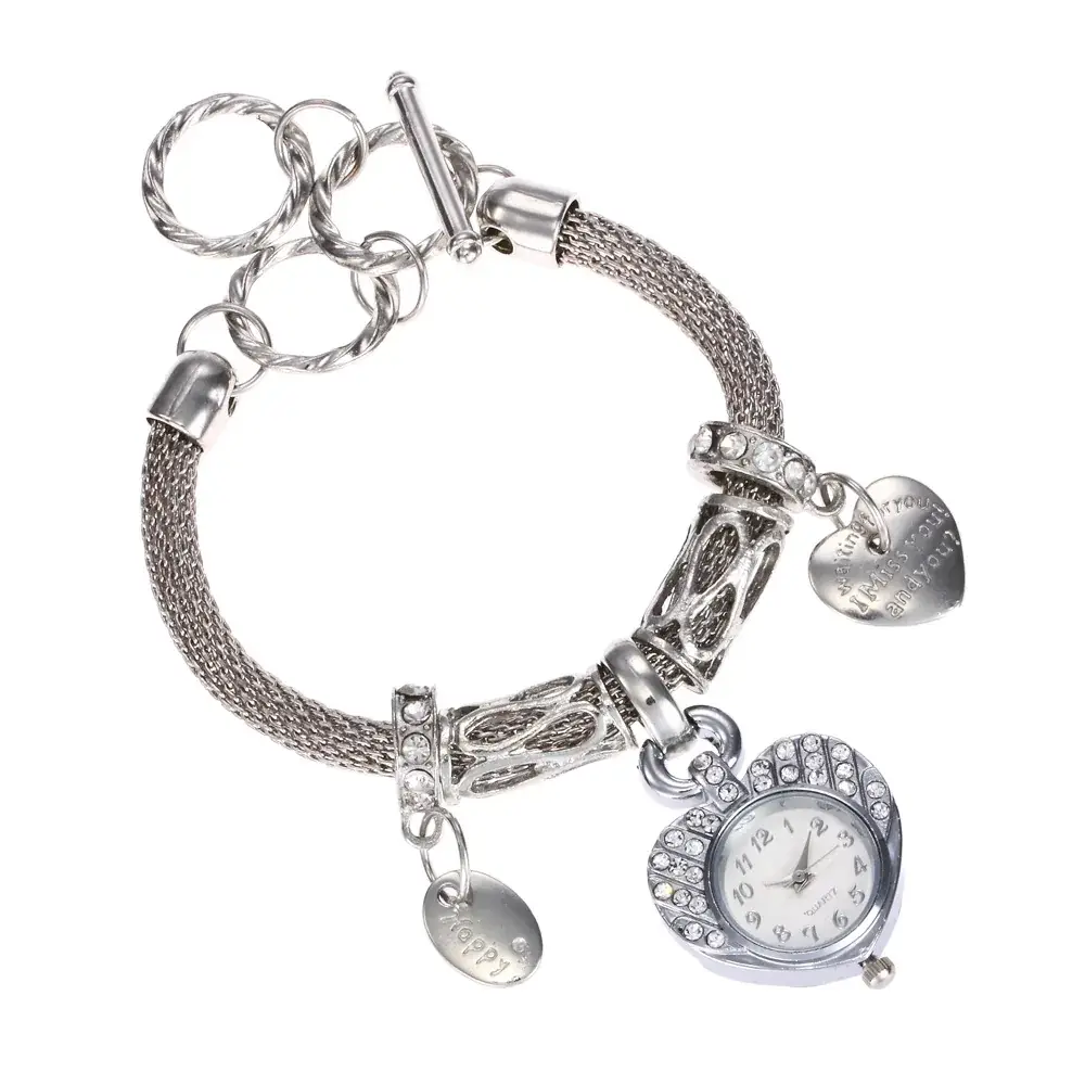 Women's Diamond-Embedded Steel Bracelet Watch with Heart Charm - Image 2