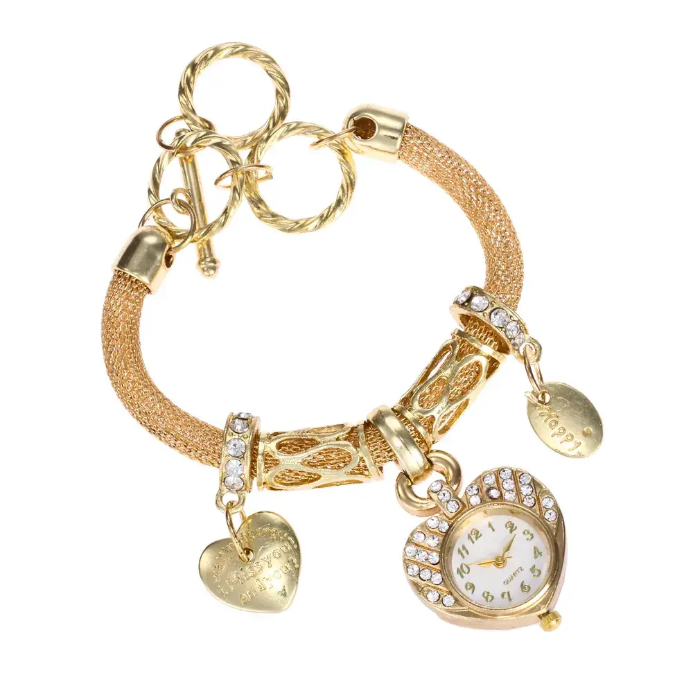 Women's Diamond-Embedded Steel Bracelet Watch with Heart Charm