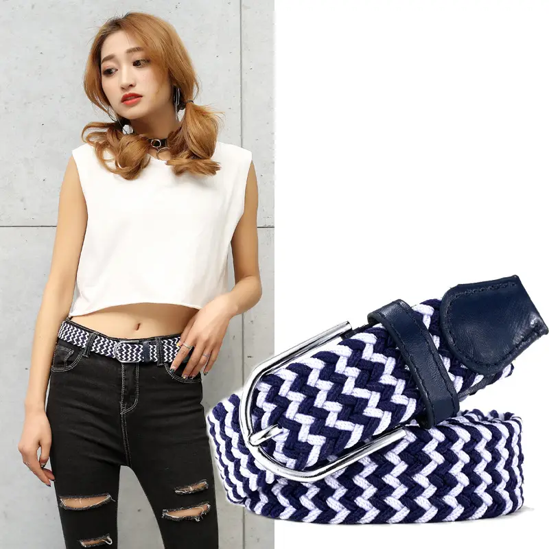 Women's Green Woven Elastic Belt with Leather Strap