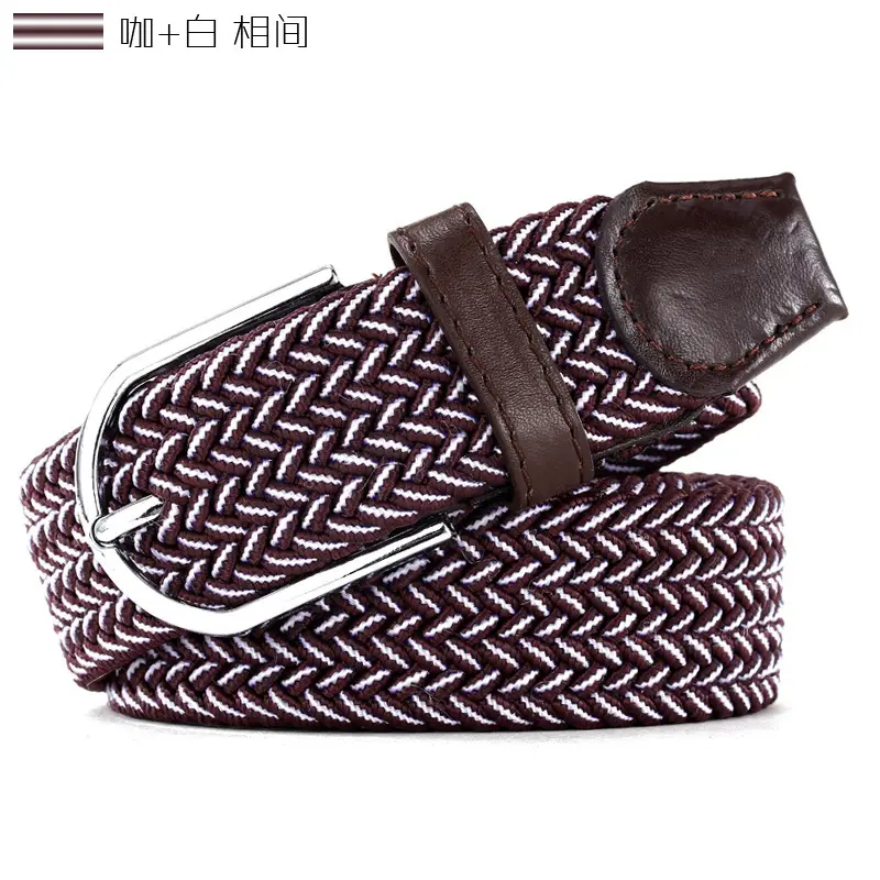 Women's Green Woven Elastic Belt with Leather Strap