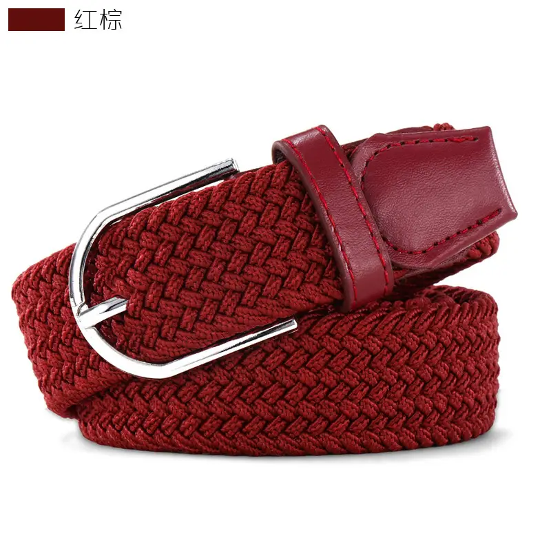 Women's Green Woven Elastic Belt with Leather Strap