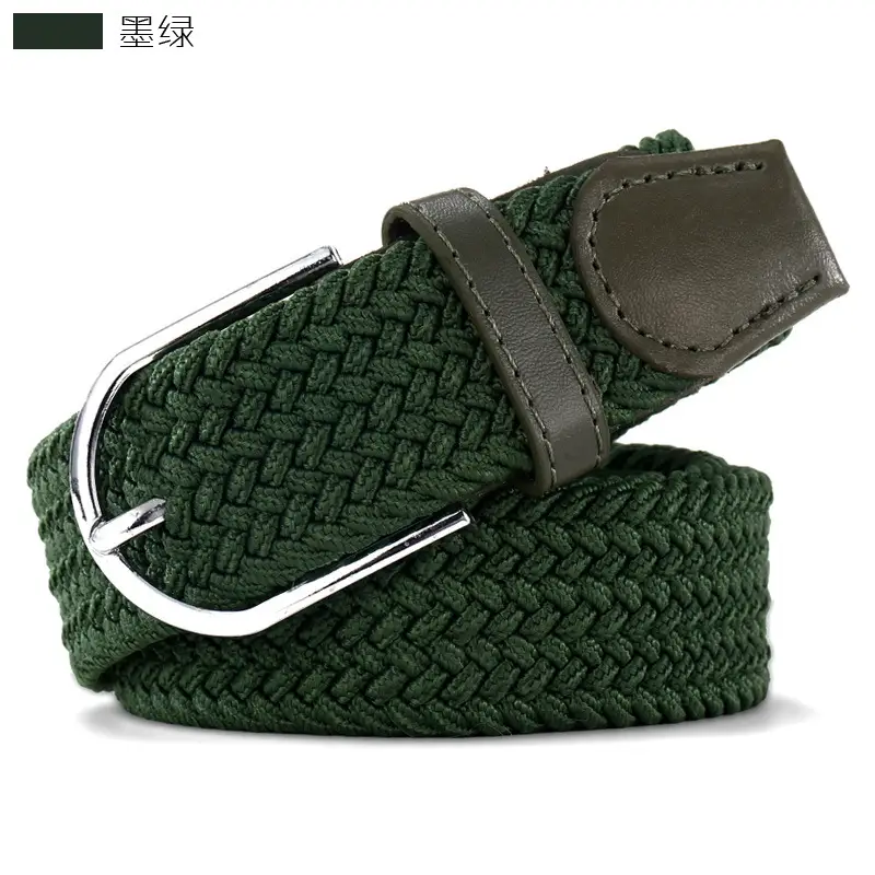 Women's Green Woven Elastic Belt with Leather Strap