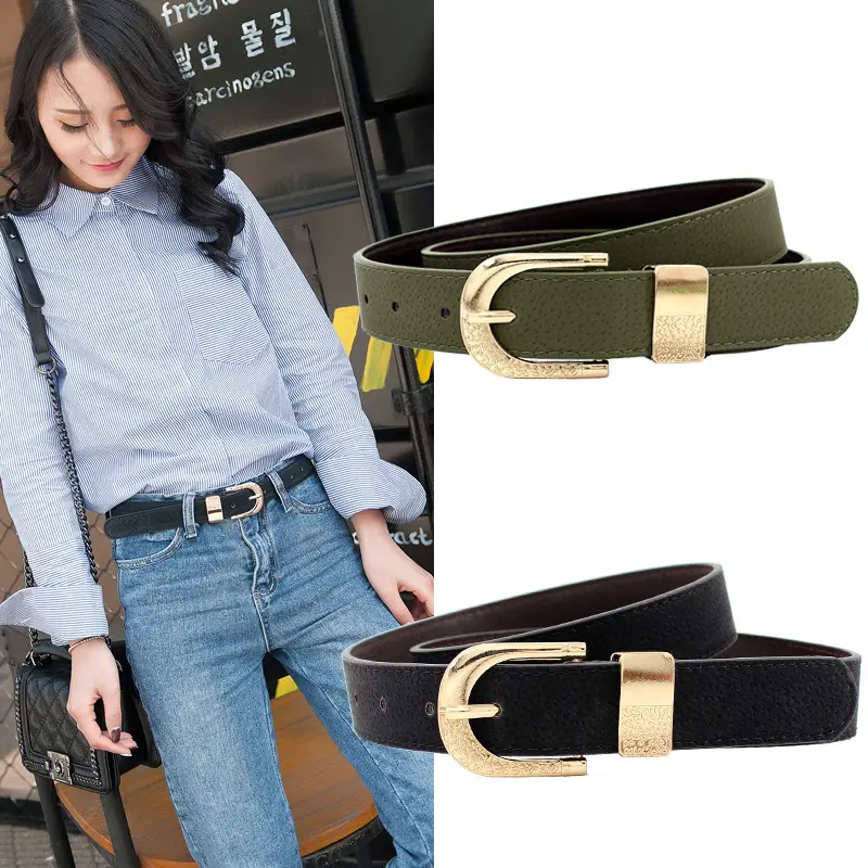 Women's Black Faux Leather Belt with Gold Buckle - Image 6