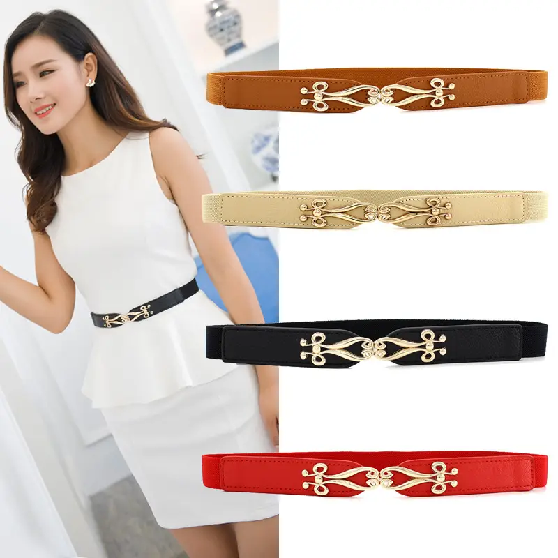 Red Elastic Waist Belt with Gold Embroidery for Women - Image 9